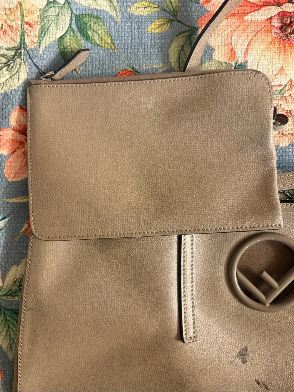 Fendi Taupe Leather Tote with Signature Round Logo